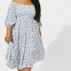NWT Torrid Midi Washable Gauze Off The Shoulder Dress Floral Blue Plus Size 0